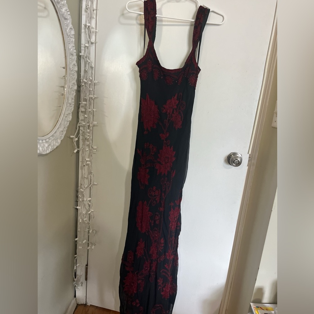 Adrianna Papell Black Maxi Dress with Red Beaded Floral Design
